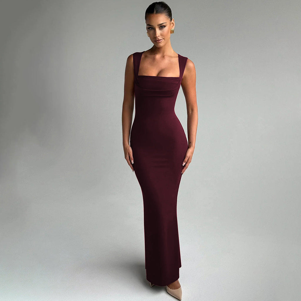 Women Clothing Spring Summer Slim Fit Square Collar Sleeveless Waist Slimming Dress
