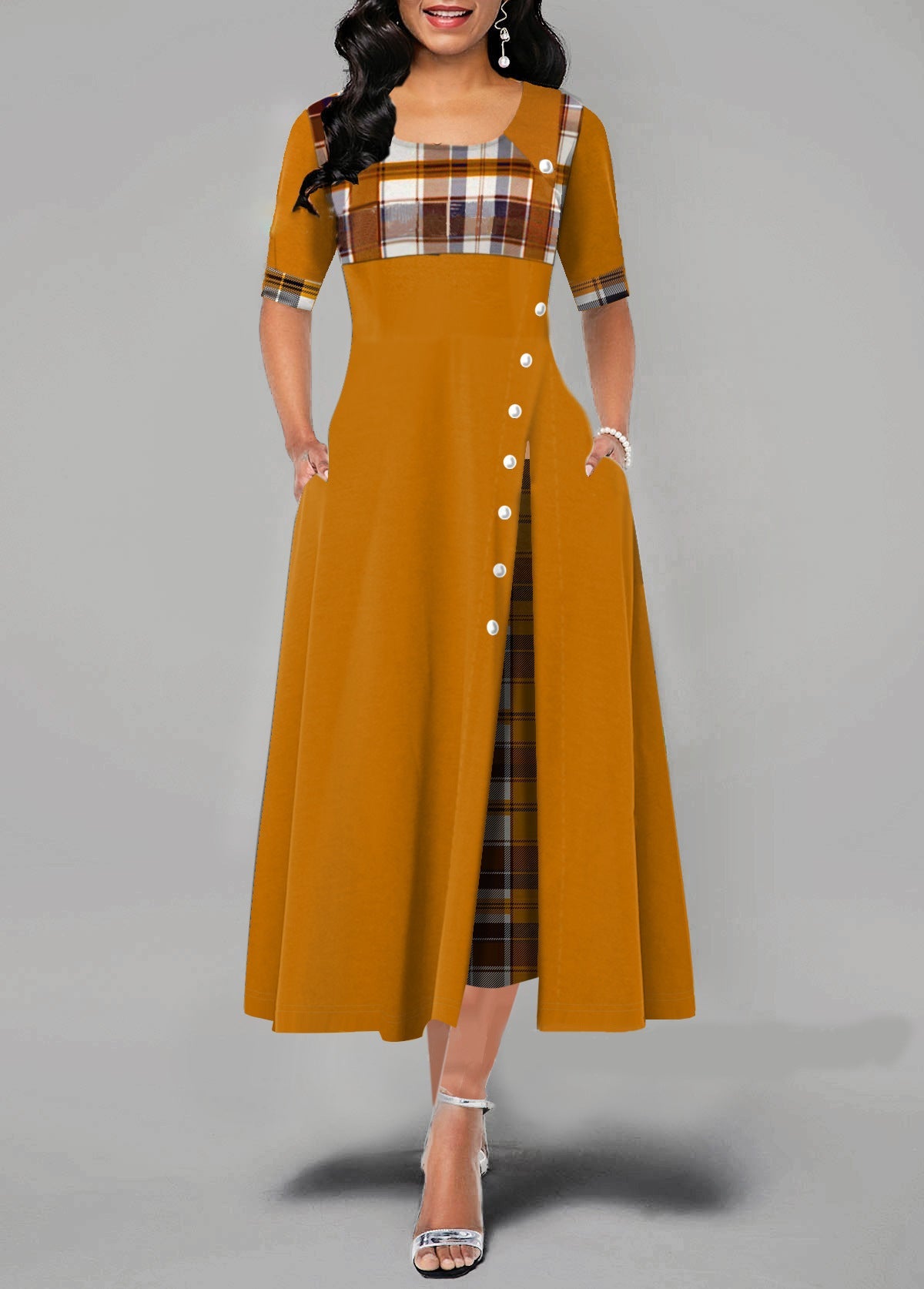 A Large Number Dresses Round Neck Contrast Color Half Sleeve Irregular Asymmetric Maxi Dress