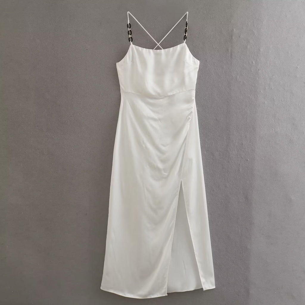 Spring Women Clothing Chain Ornament Silk Satin Texture Sling Dress
