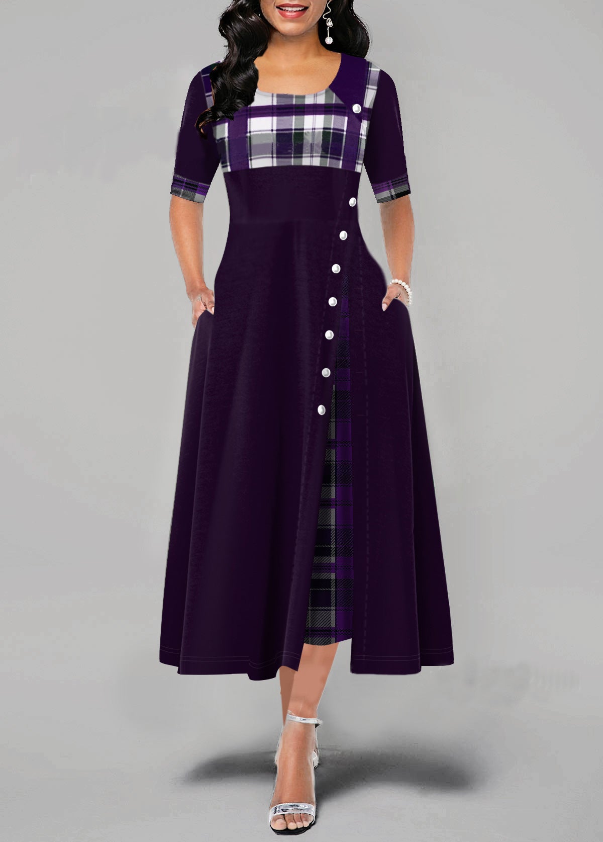 A Large Number Dresses Round Neck Contrast Color Half Sleeve Irregular Asymmetric Maxi Dress