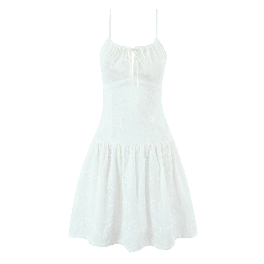 French Retro Square Collar Sexy Embroidery Suspender Sexy Stitching Lace Dress
