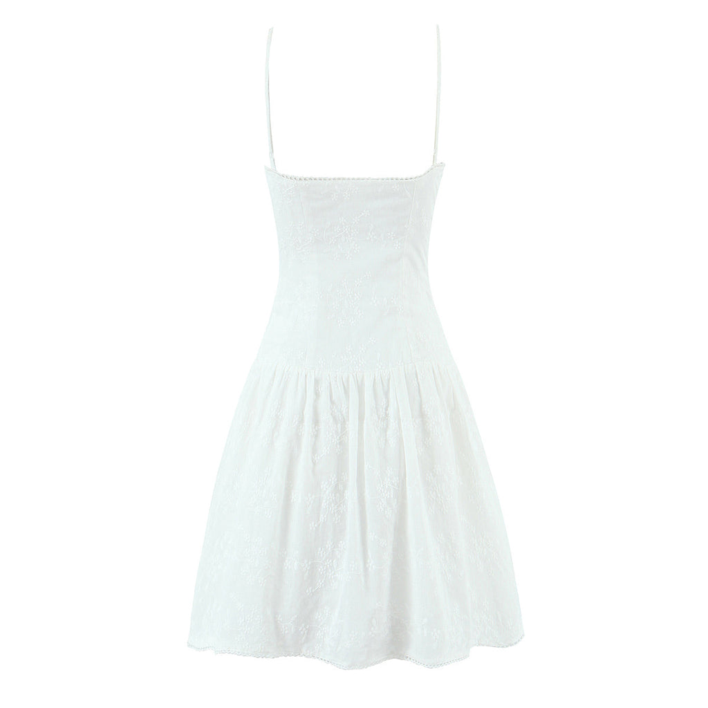 French Retro Square Collar Sexy Embroidery Suspender Sexy Stitching Lace Dress
