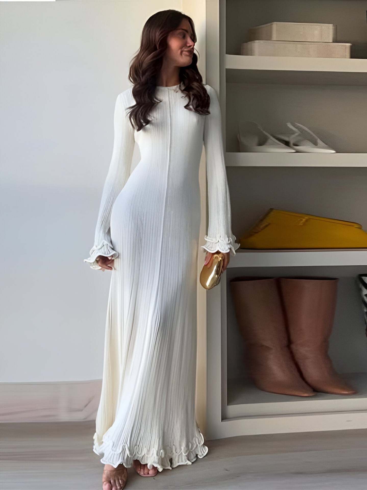 Women Clothing at Pleated Wavy Side Backless Lace up Long Sleeve Dress