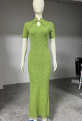 Summer Women Candy Color Slim Fit Dress Women Summer round Neck Short Sleeves Knitted Long Sweater Dress