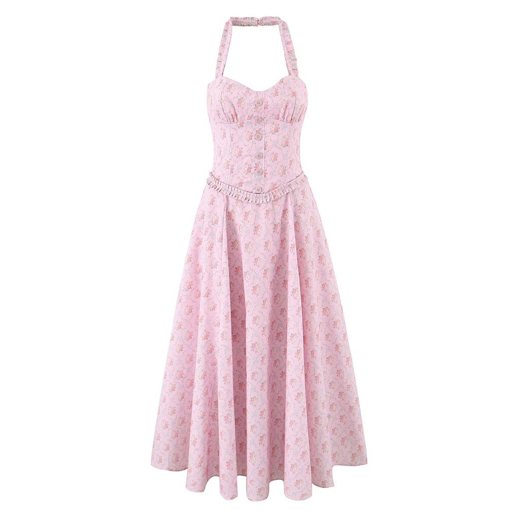 Romantic Sweet Pink Floral Sexy Slimming Beam Waist Backless Halter Dress