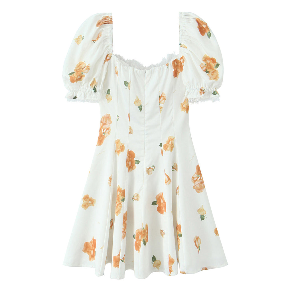 French Sweet Printed Design Puff Sleeve Tube Top Lace Stitching Tied A line Dress Short for Women