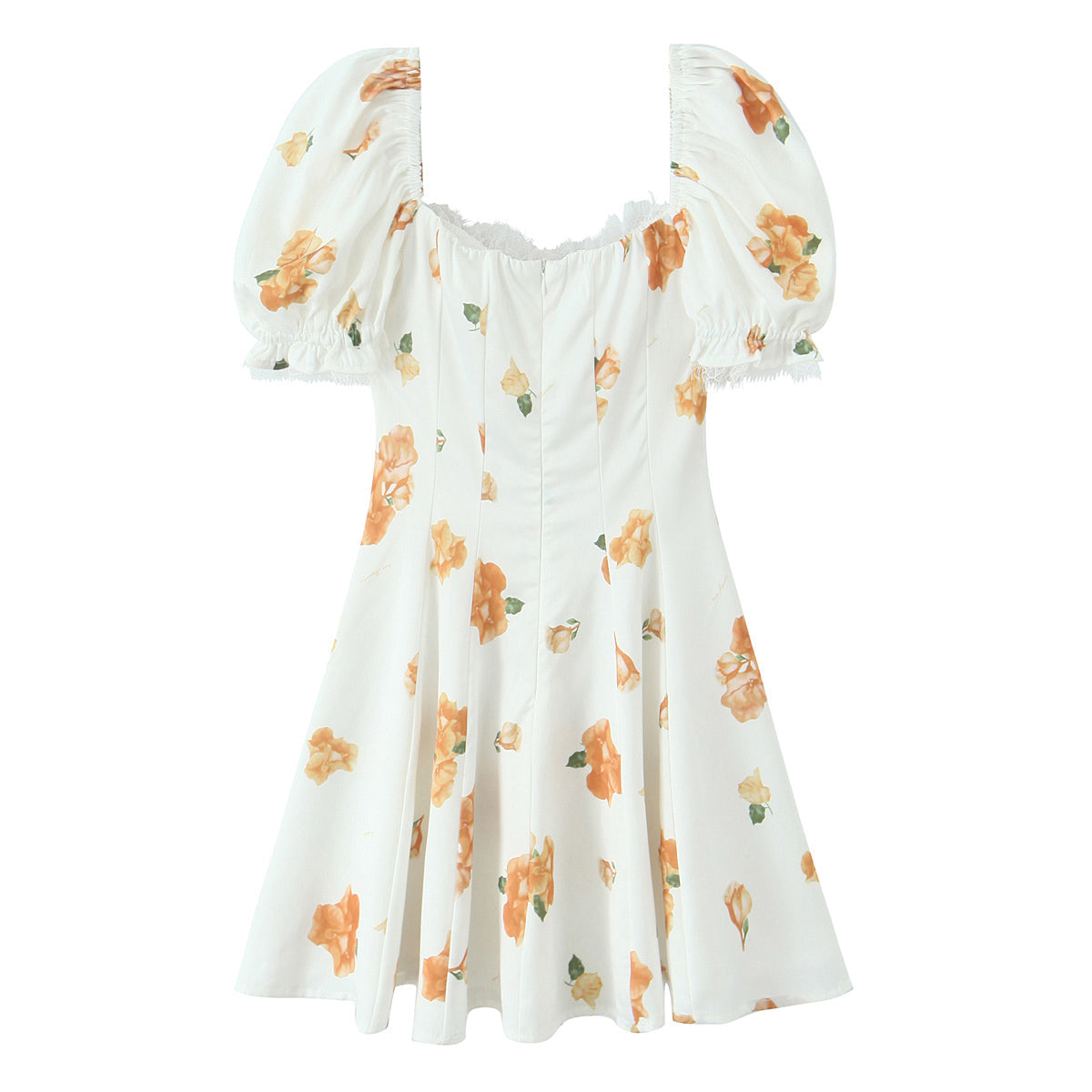 French Sweet Printed Design Puff Sleeve Tube Top Lace Stitching Tied A line Dress Short for Women