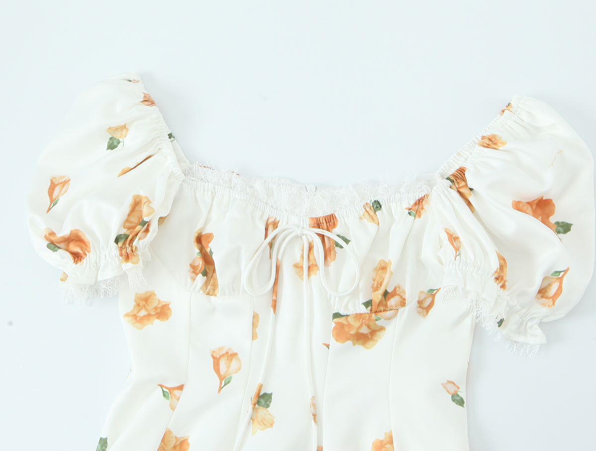 French Sweet Printed Design Puff Sleeve Tube Top Lace Stitching Tied A line Dress Short for Women