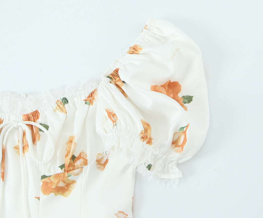 French Sweet Printed Design Puff Sleeve Tube Top Lace Stitching Tied A line Dress Short for Women