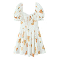 French Sweet Printed Design Puff Sleeve Tube Top Lace Stitching Tied A line Dress Short for Women