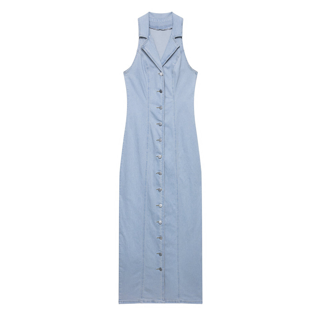 Women Clothing Early Spring Light Blue Sexy Button Denim Long Dress