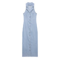 Women Clothing Early Spring Light Blue Sexy Button Denim Long Dress
