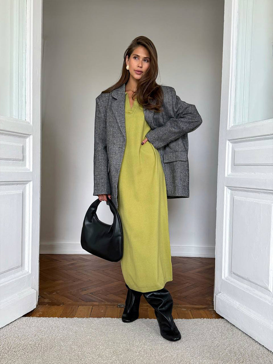 Fall Winter Scissors Collar Soft Woolen Long Elegant All Match Loose Maxi Dress