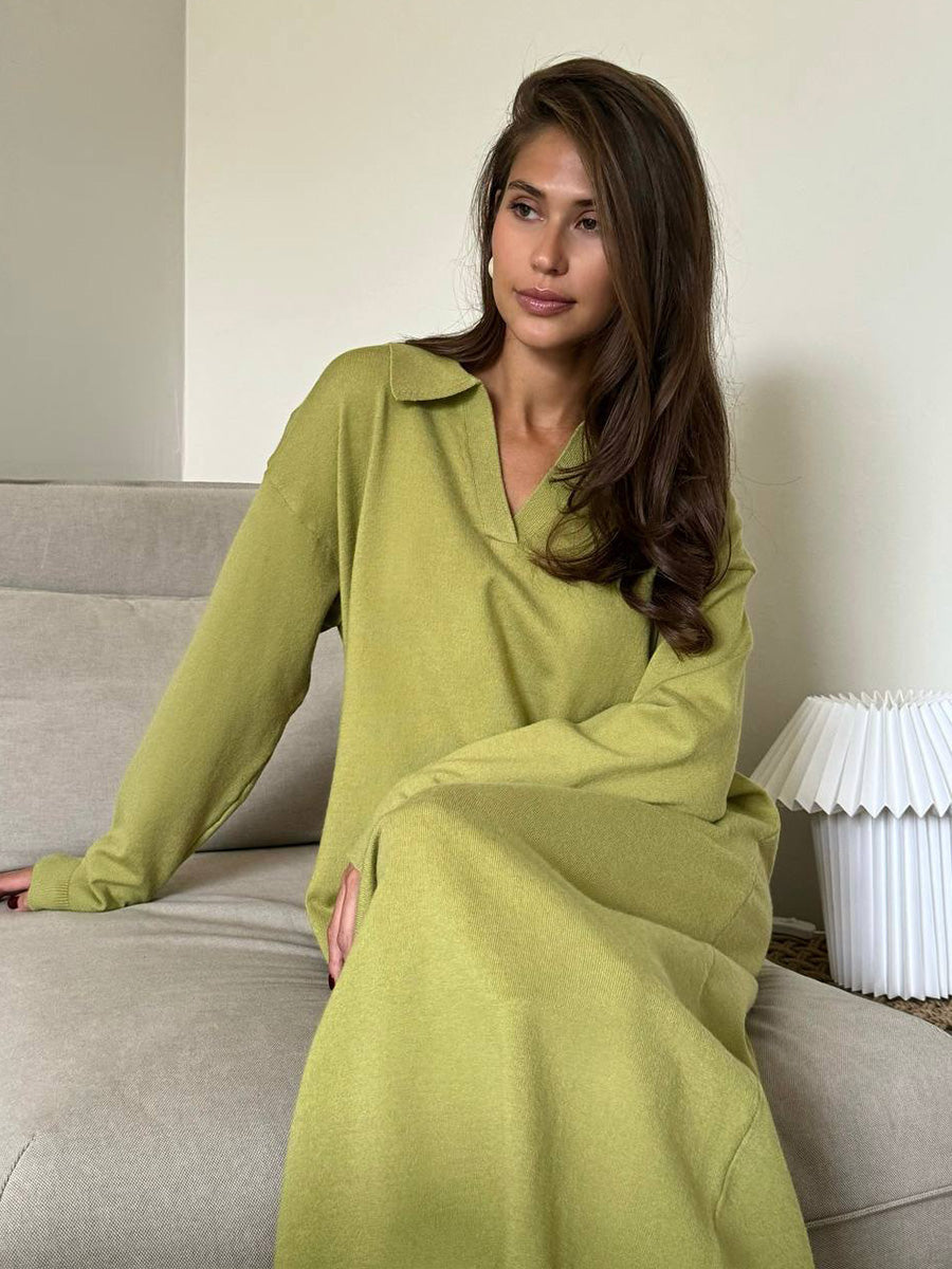 Fall Winter Scissors Collar Soft Woolen Long Elegant All Match Loose Maxi Dress