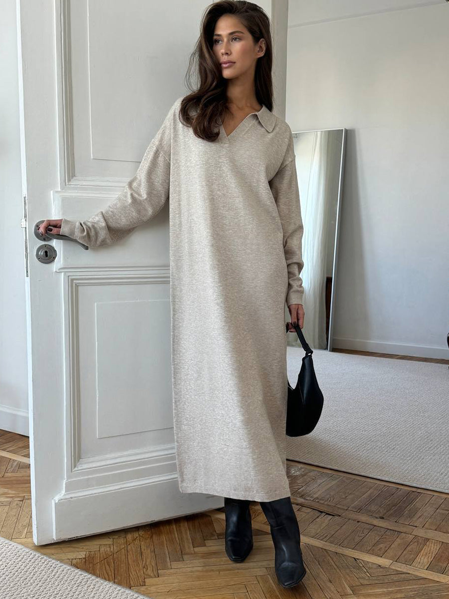 Fall Winter Scissors Collar Soft Woolen Long Elegant All Match Loose Maxi Dress