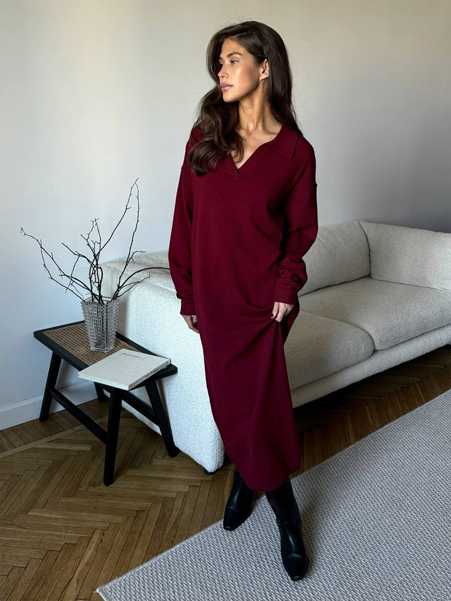 Fall Winter Scissors Collar Soft Woolen Long Elegant All Match Loose Maxi Dress