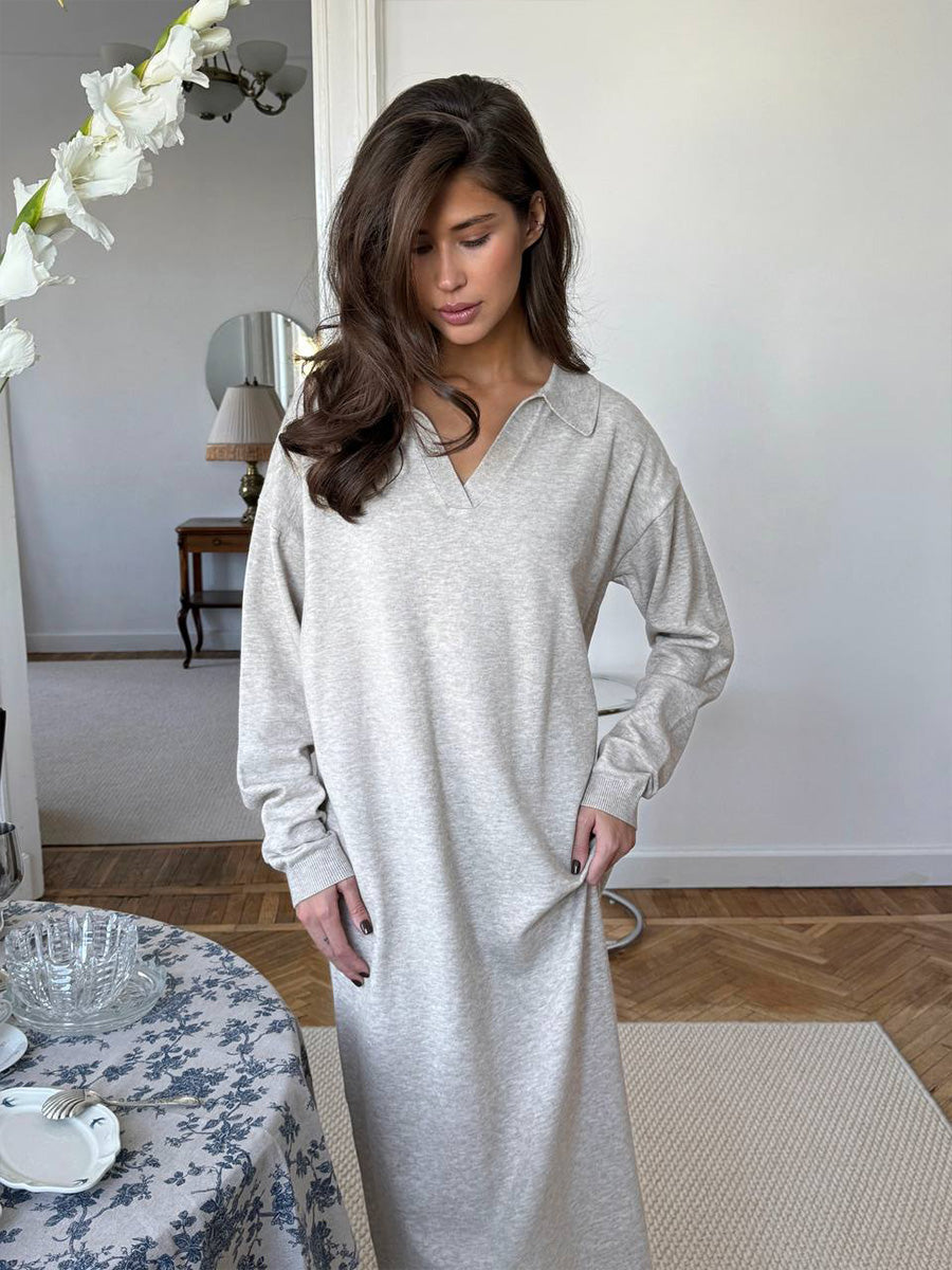 Fall Winter Scissors Collar Soft Woolen Long Elegant All Match Loose Maxi Dress