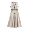 Women Clothing Elegant Slim Fit with Belt Linen Blended Midi Dress