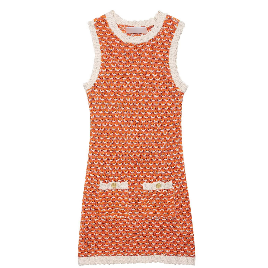Women Clothing Summer round Neck Pocket Decorative Texture Knitted Mini Dress Women Dress