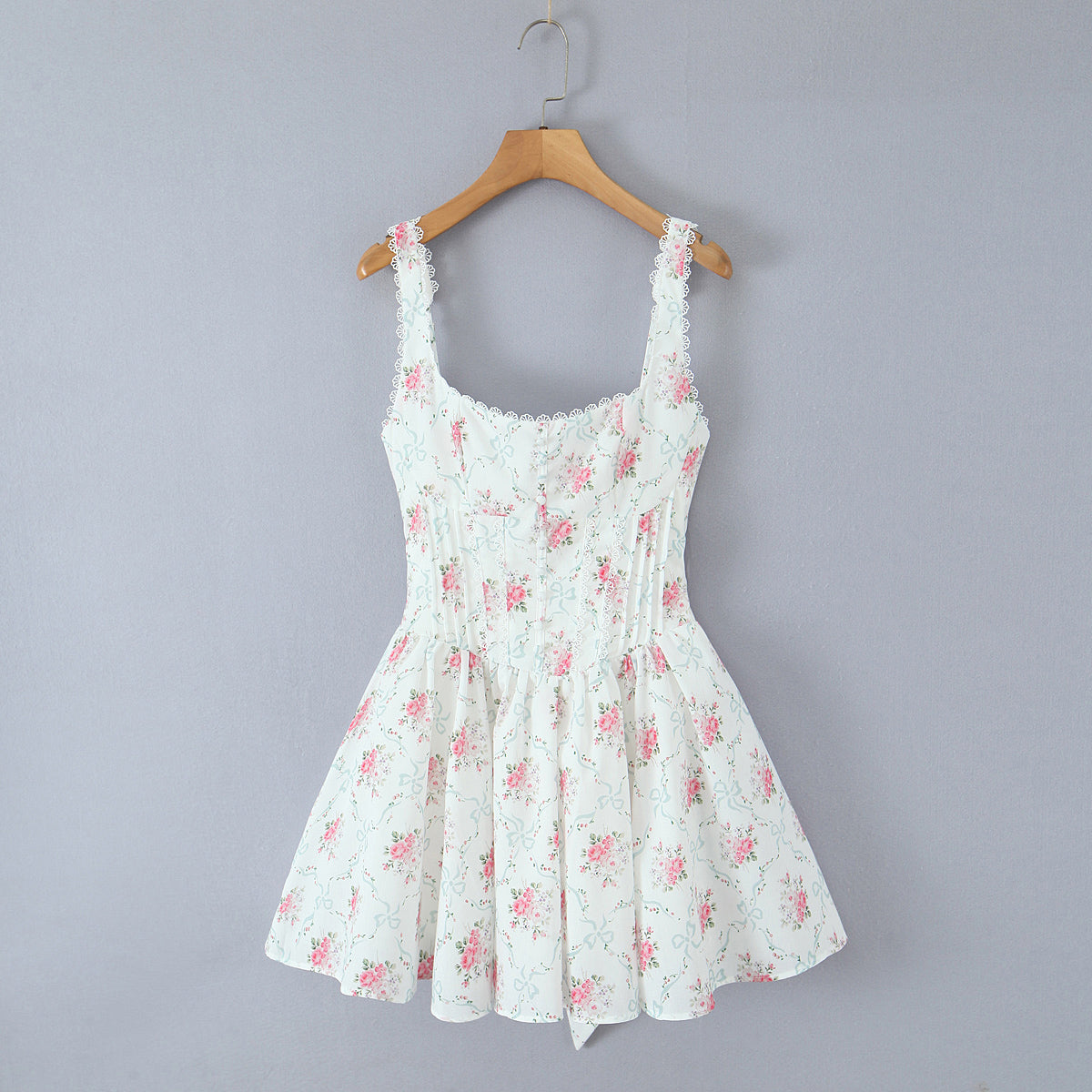 House Same Sweet Rose Print Bowknot Decoration Pleated Lace Waist Slip Dress Women Dress