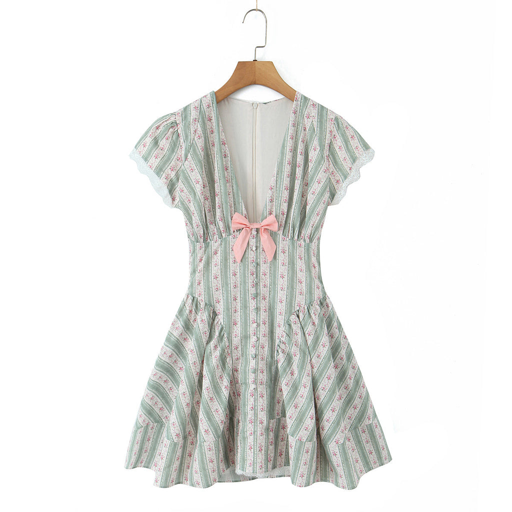 Sweet Romantic Floral Bowknot Decoration Striped Lace V neck Mini Dress Short Dress Women