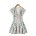 Sweet Romantic Floral Bowknot Decoration Striped Lace V neck Mini Dress Short Dress Women