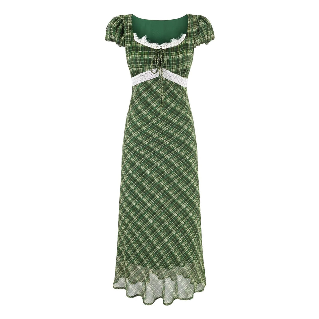 Slim Fit Big U Neck Chest Lace up Lace Stitching Short Sleeve Waist Controlled Dress Maxi Dress