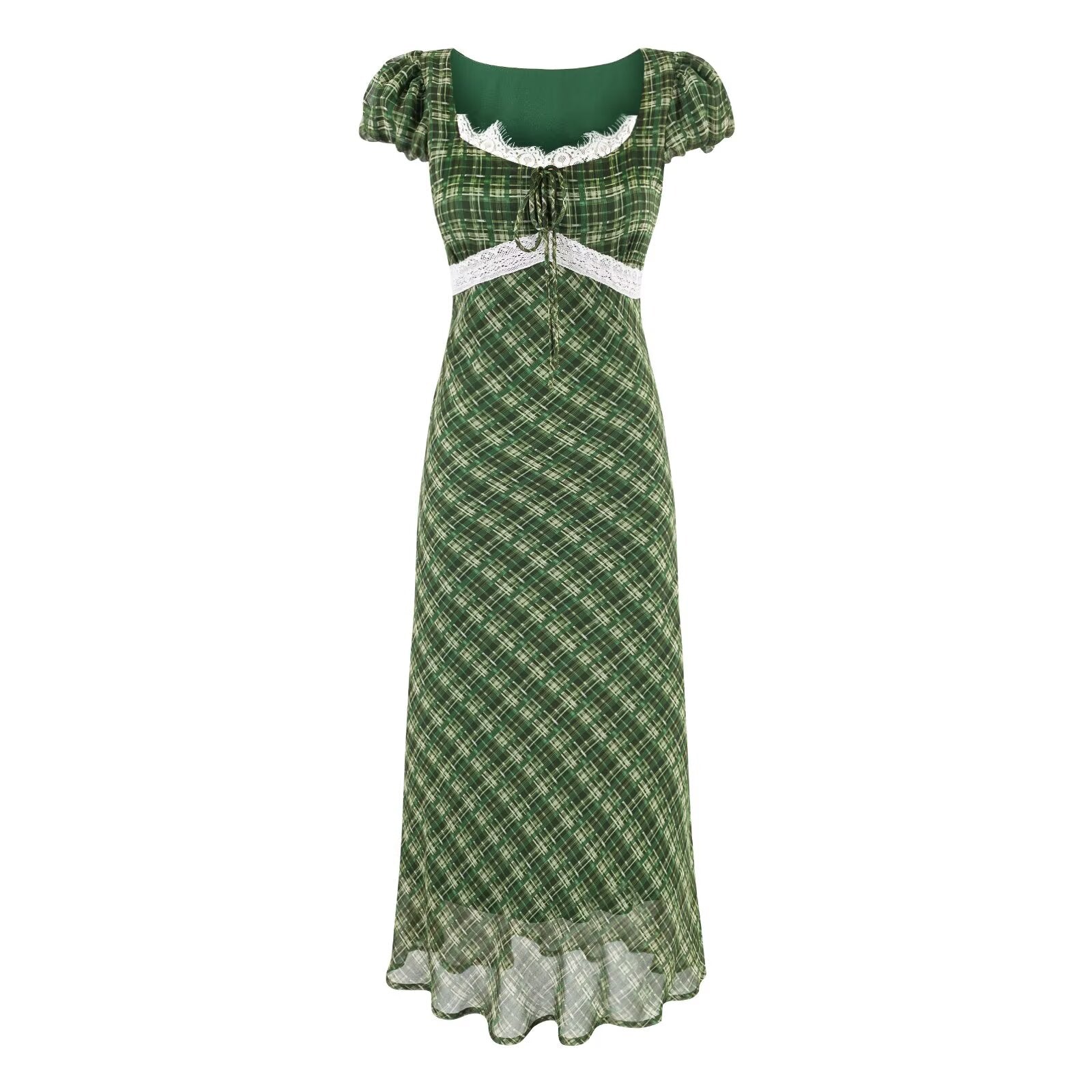 Slim Fit Big U Neck Chest Lace up Lace Stitching Short Sleeve Waist Controlled Dress Maxi Dress