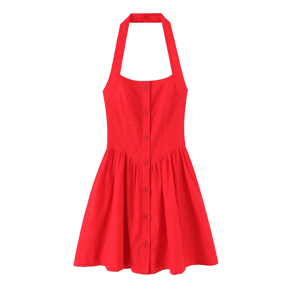 French Slim Fit Retro Red Cotton Linen Halter Large Swing Sexy Low Cut Cinched Slimming Dress