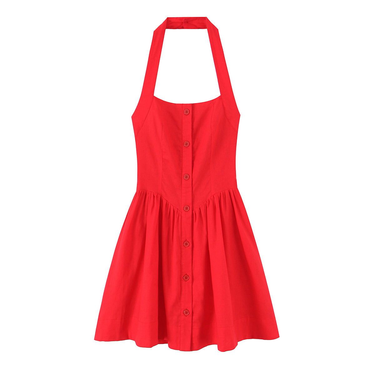 French Slim Fit Retro Red Cotton Linen Halter Large Swing Sexy Low Cut Cinched Slimming Dress