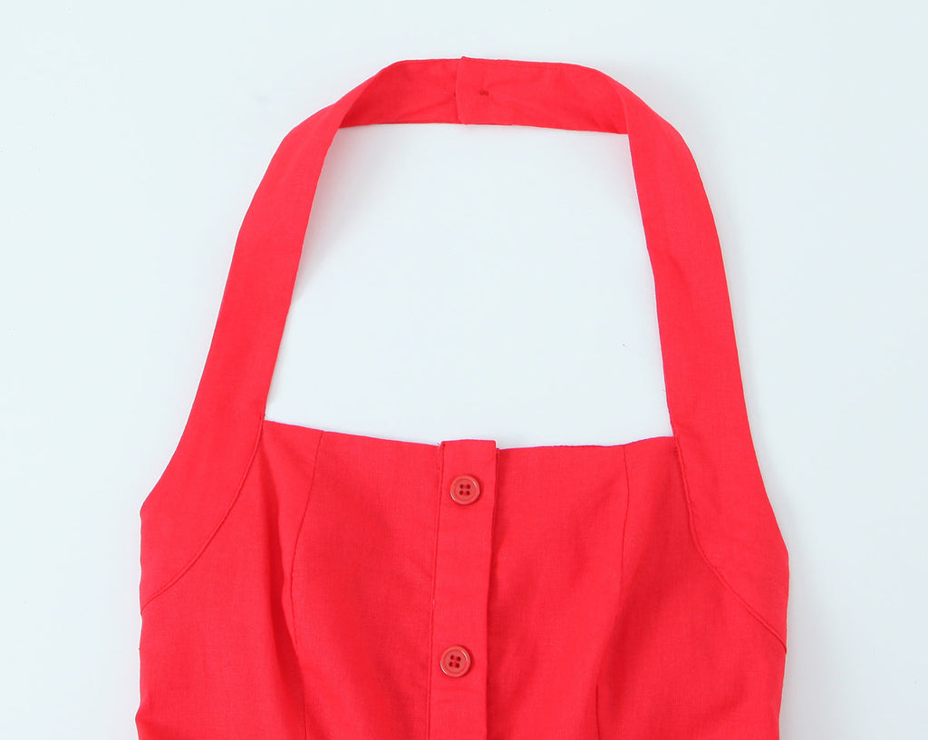 French Slim Fit Retro Red Cotton Linen Halter Large Swing Sexy Low Cut Cinched Slimming Dress