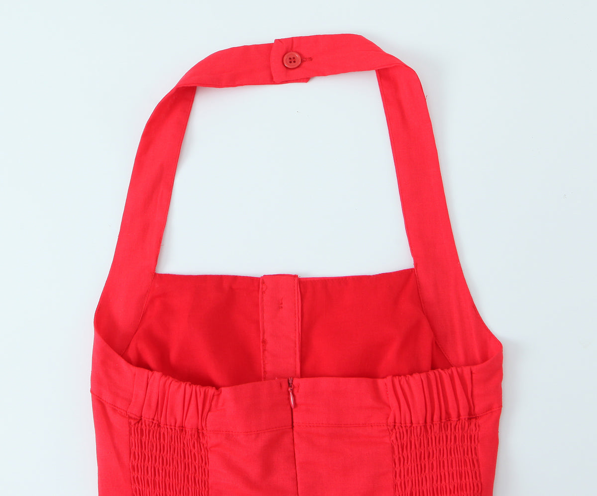 French Slim Fit Retro Red Cotton Linen Halter Large Swing Sexy Low Cut Cinched Slimming Dress