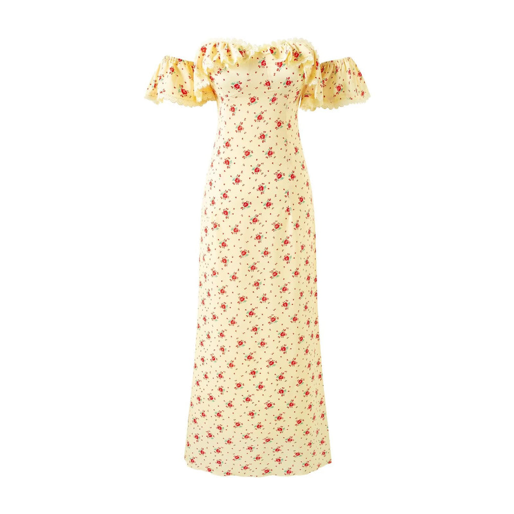 Romantic Floral Flounce Lace Tube Top Cinched Waist Slim Fit Dress Women Summer Seaside Holiday Maxi Dress