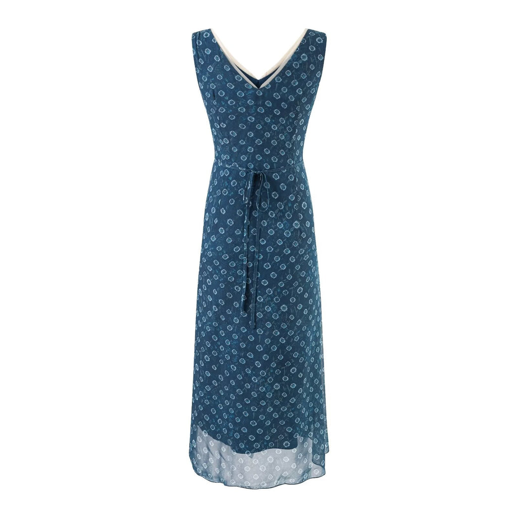 V neck Organza Patchwork Waist Slimming Floral Dress Women Summer Waist Controlled Slim Fit Sleeveless Dress