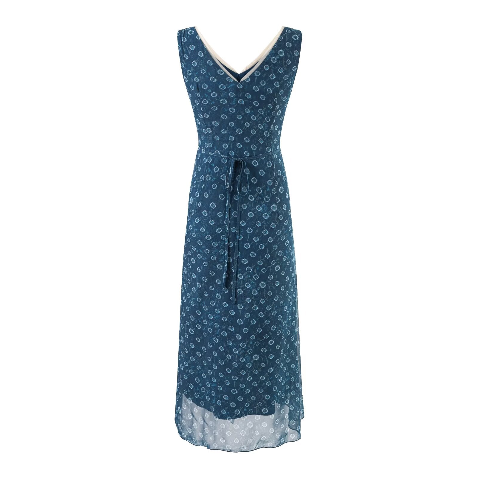 V neck Organza Patchwork Waist Slimming Floral Dress Women Summer Waist Controlled Slim Fit Sleeveless Dress