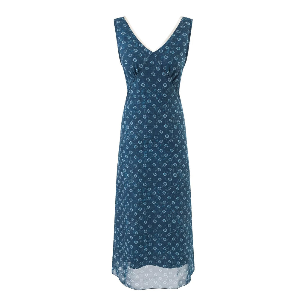 V neck Organza Patchwork Waist Slimming Floral Dress Women Summer Waist Controlled Slim Fit Sleeveless Dress