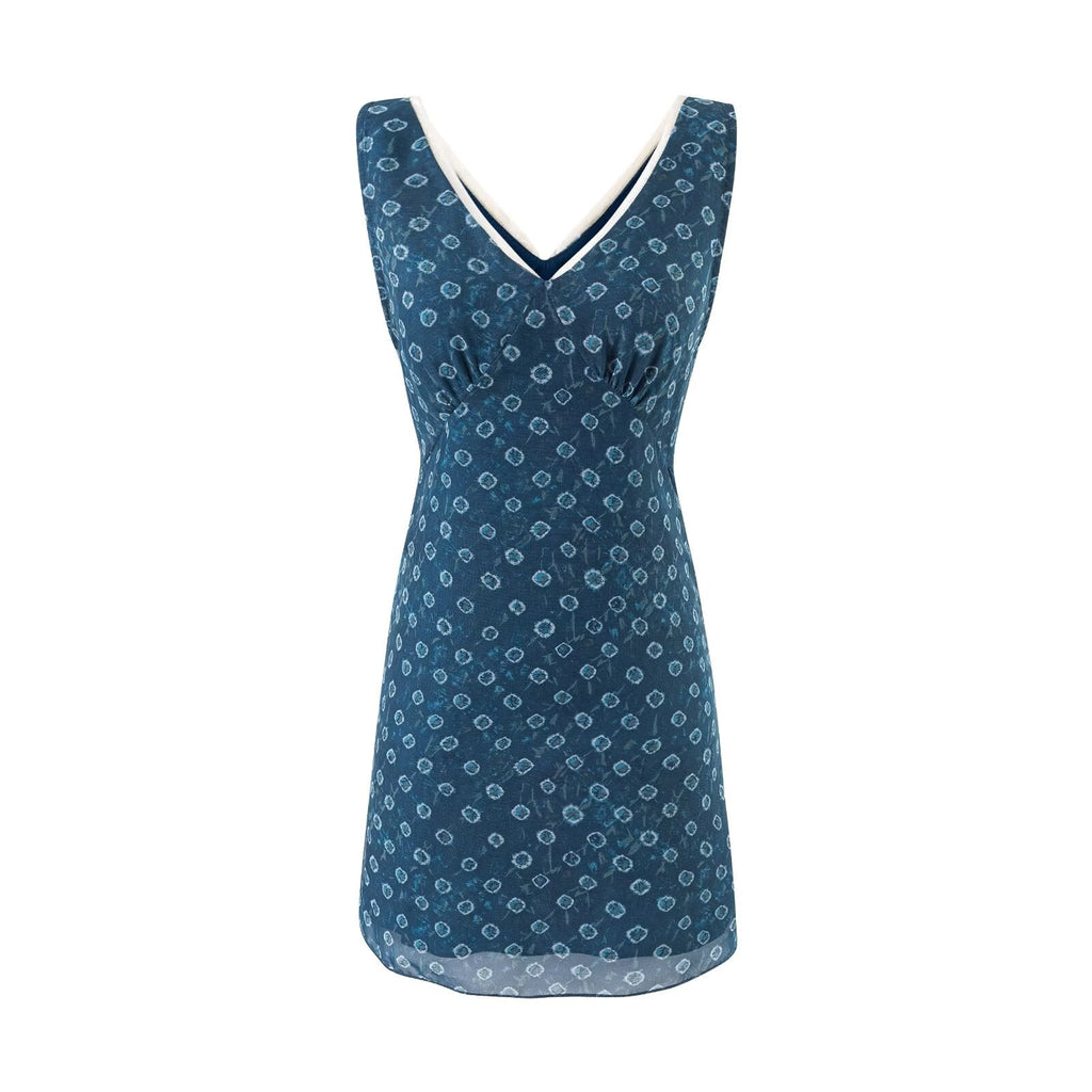 V neck Organza Patchwork Waist-Slimming Floral Dress Women Summer Waist-Controlled Slim-Fit Sleeveless Dress