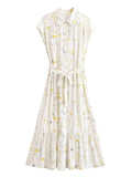 Printed Bohemian Beach Belt Dress Summer Waist Controlled Slimming Midi Dress
