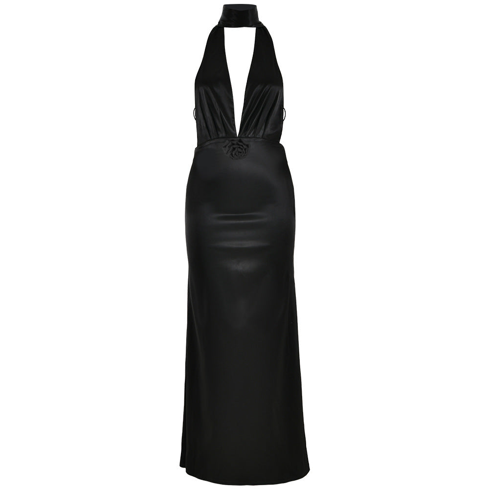 Sexy Solid Color Deep V Plunge neck Halter Lace up Backless Sheath Dress