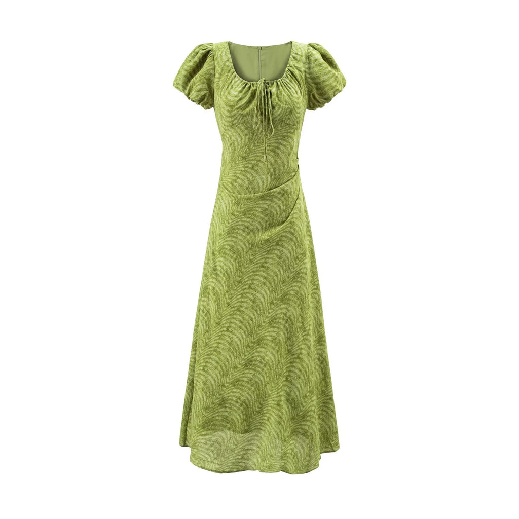 Sweet Printed Chic Puff Sleeve Maxi Dress round Neck Sexy Slim Fit Party Dress