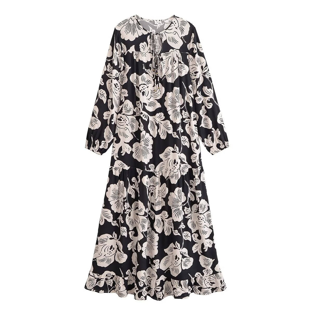 Women Clothing Early Autumn Rayon Printed Long Sleeve Dress Bohemian Maxi Dress