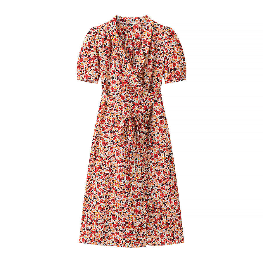Women Clothing V neck Short Sleeve Lace up Niche Dress