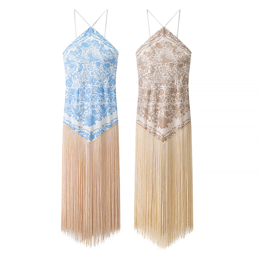 Fall Women Clothing Simple Halter Glossy Tassel Dress