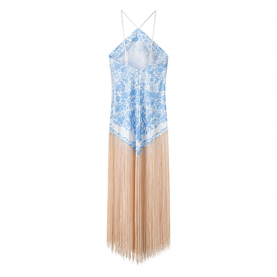 Fall Women Clothing Simple Halter Glossy Tassel Dress