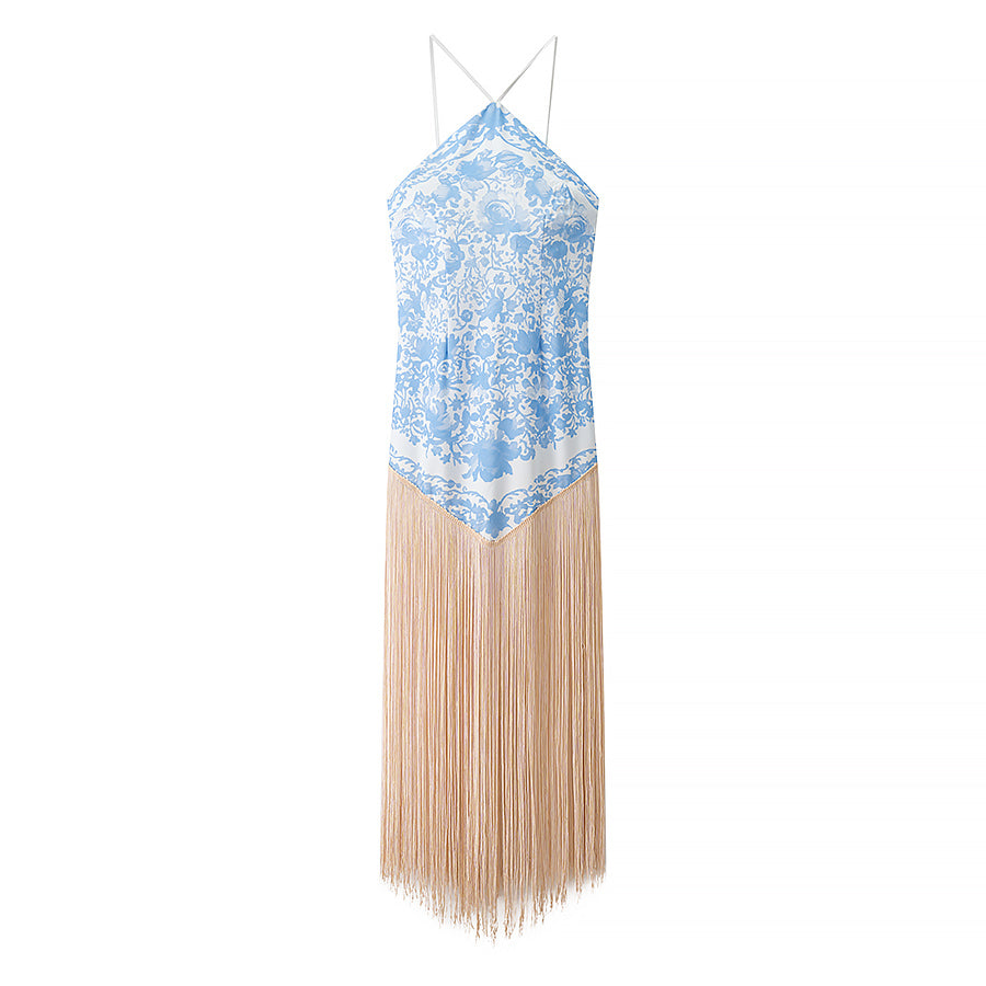 Fall Women Clothing Simple Halter Glossy Tassel Dress