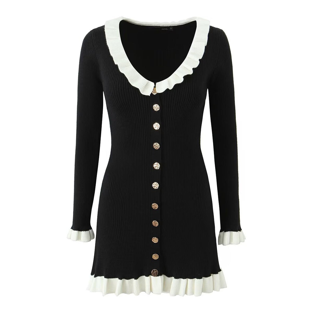 French Retro Debutante Lotus Collar Long Sleeve Dress Women Design Stitching Contrast Color Slim Fit Knitted