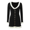 French Retro Debutante Lotus Collar Long Sleeve Dress Women Design Stitching Contrast Color Slim Fit Knitted