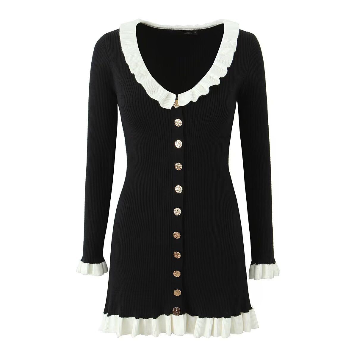 French Retro Debutante Lotus Collar Long Sleeve Dress Women Design Stitching Contrast Color Slim Fit Knitted