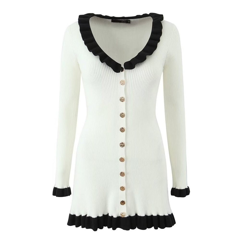 French Retro Debutante Lotus Collar Long Sleeve Dress Women Design Stitching Contrast Color Slim Fit Knitted