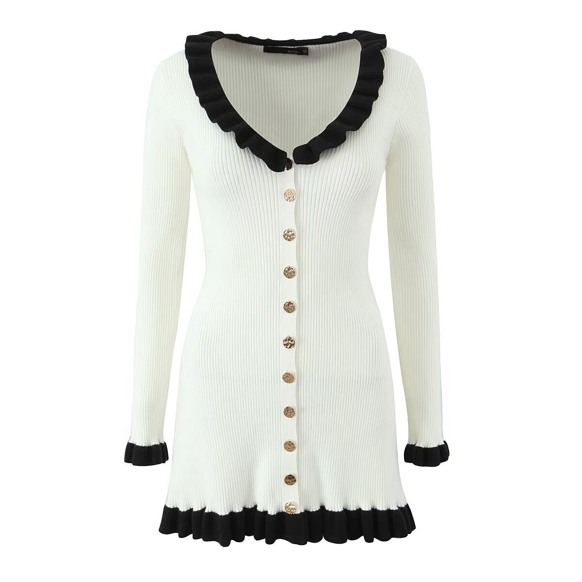 French Retro Debutante Lotus Collar Long Sleeve Dress Women Design Stitching Contrast Color Slim Fit Knitted